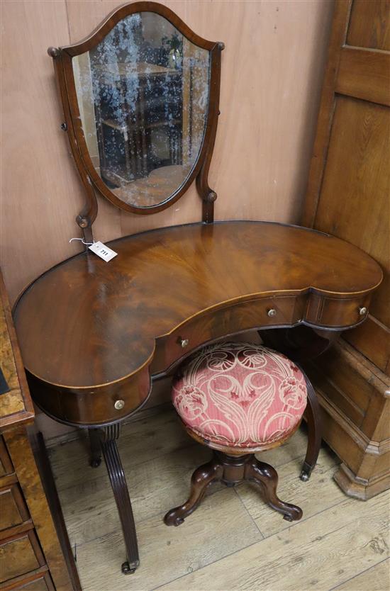 A kidney-shape dressing table and a Victorian piano stool W.88cm